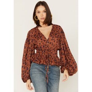 Jen's Pirate Booty Boho Peasant Festival Brown Navy Floral Metallic Size Small